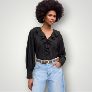 MADEWELL 2025 Release Black Ruffled Pintucked Long Sleeve Top Blouse Shirt Large